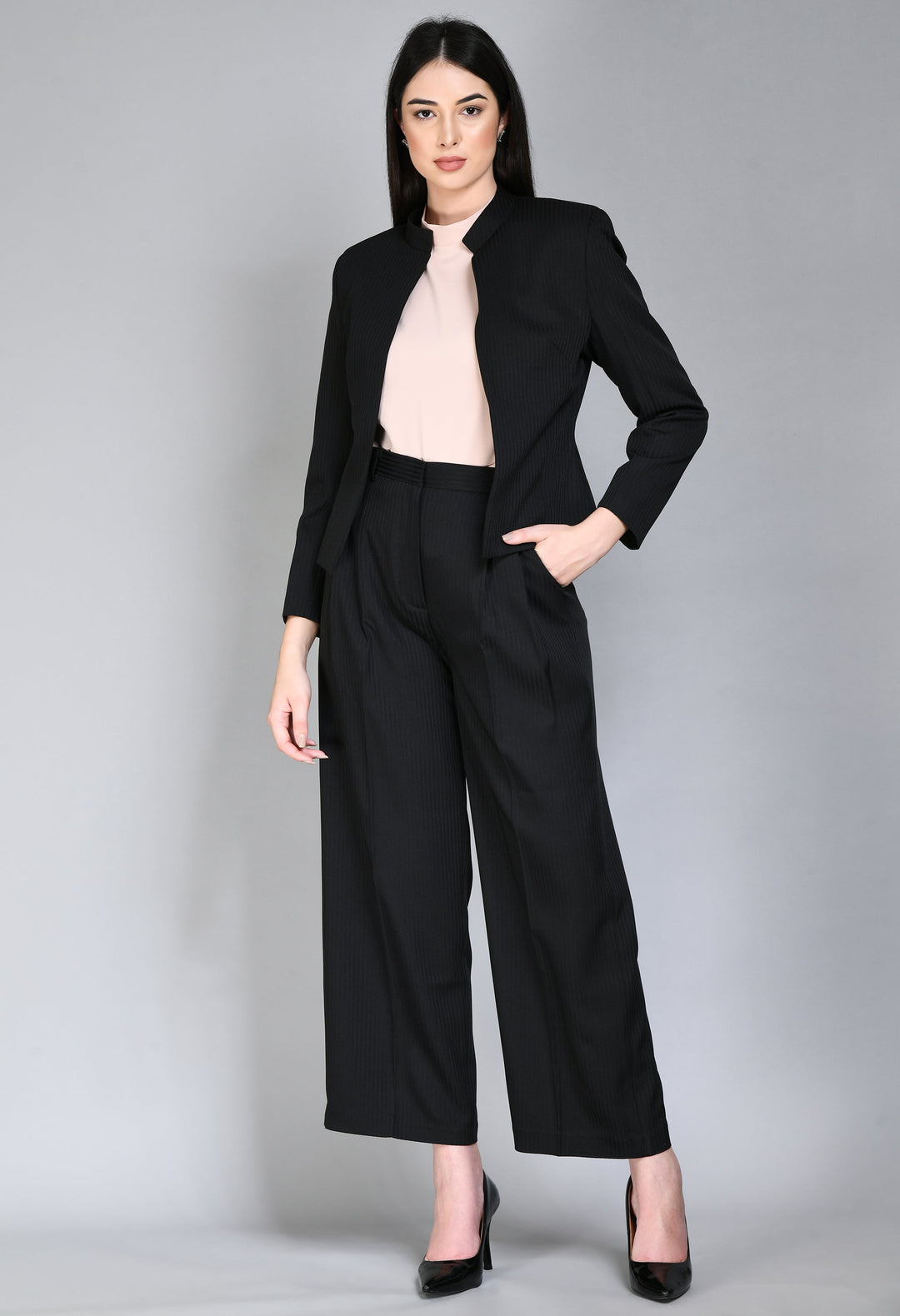 Black-Cotton-Blend-Focus-Striped-Short-Blazer-Pant-Suit