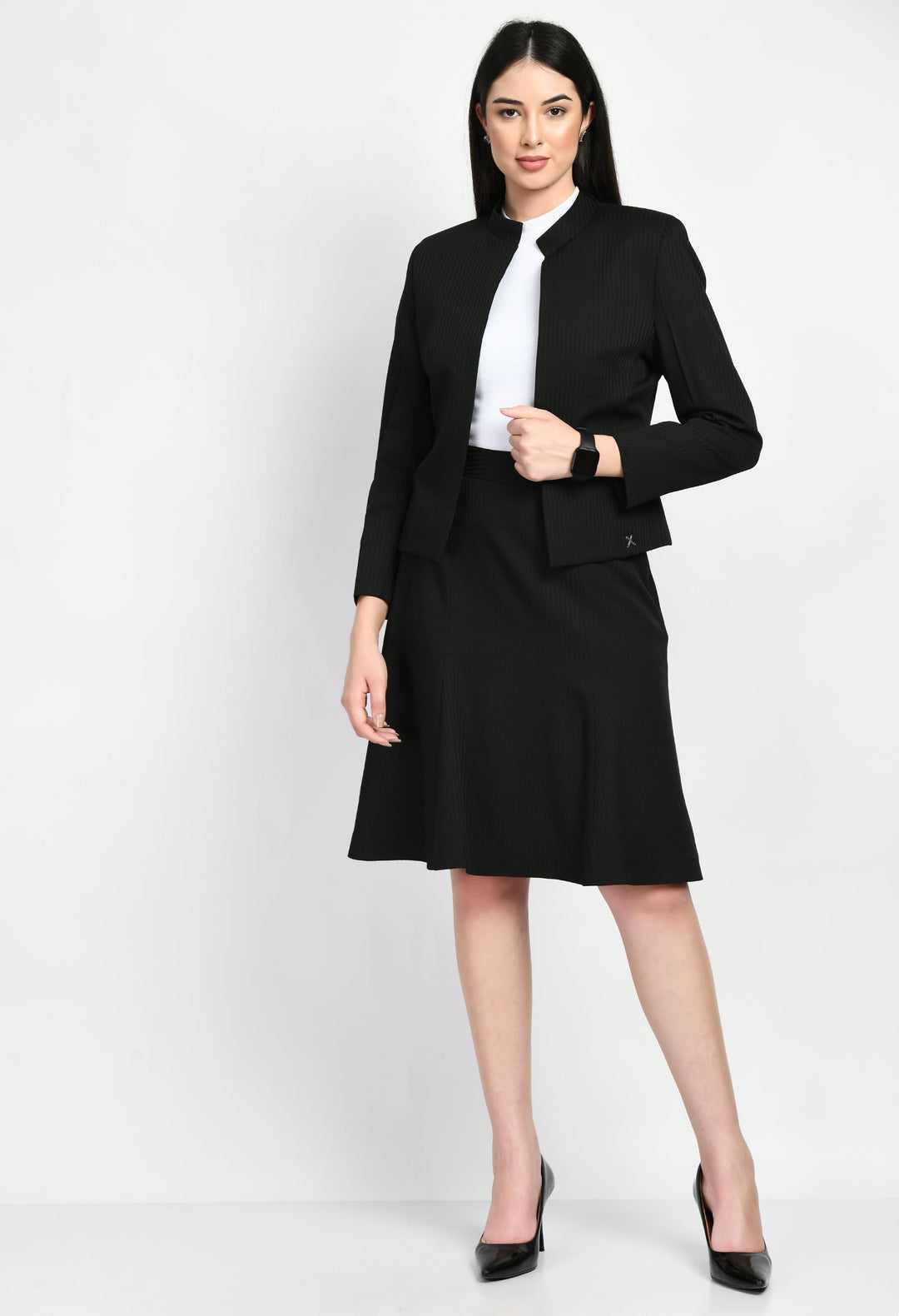 Black-Cotton-Blend-Striped-Short-Blazer-A-Line-Skirt-Suit