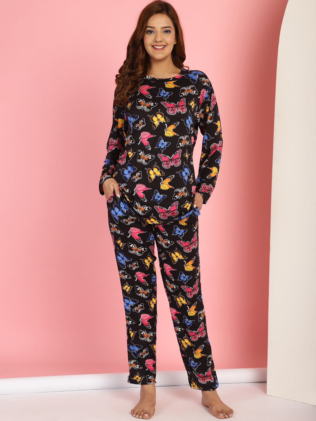 Black-Cotton-Lycra-Butterfly-Printed-Night-Suit
