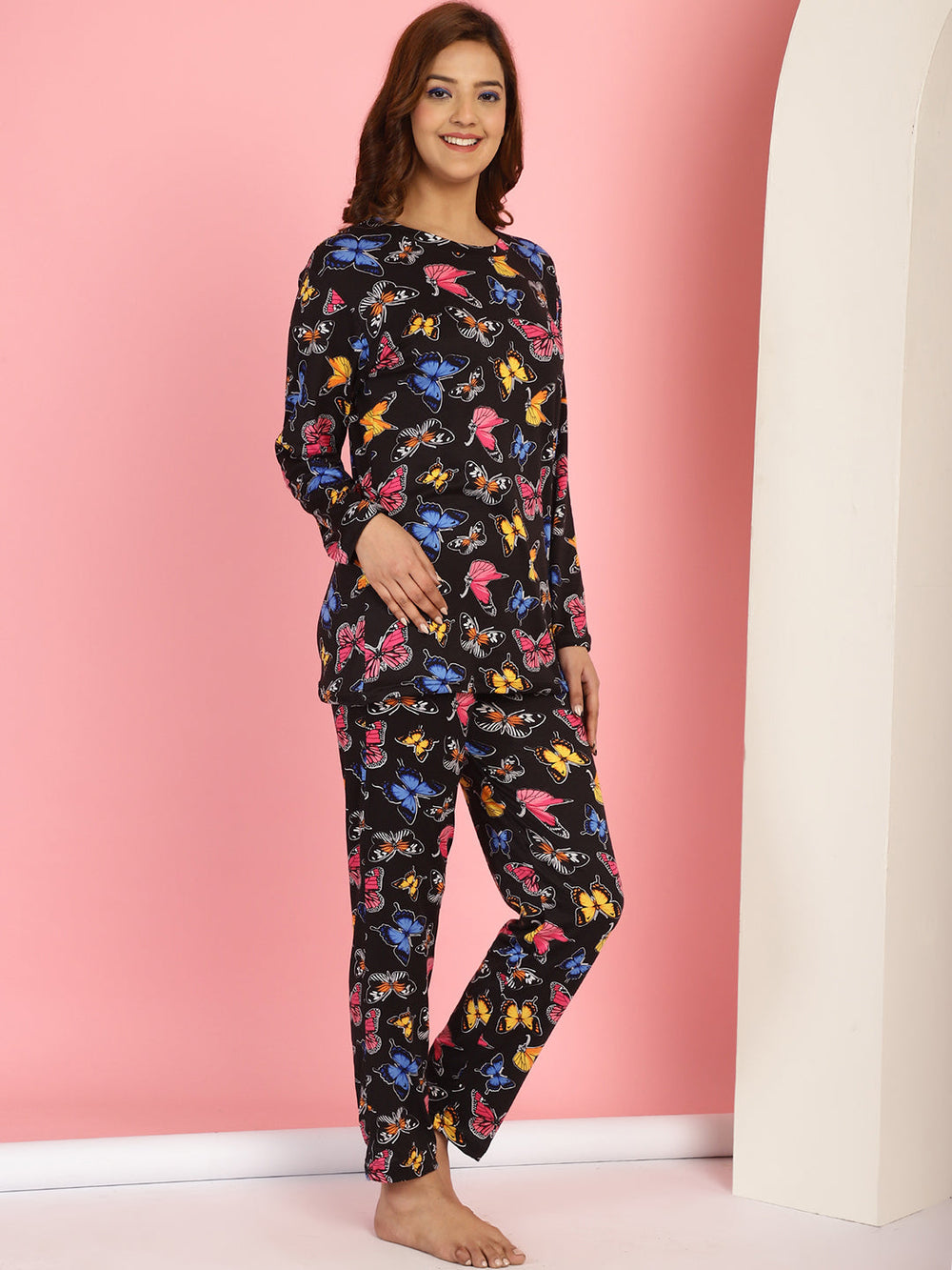 Black-Cotton-Lycra-Butterfly-Printed-Night-Suit