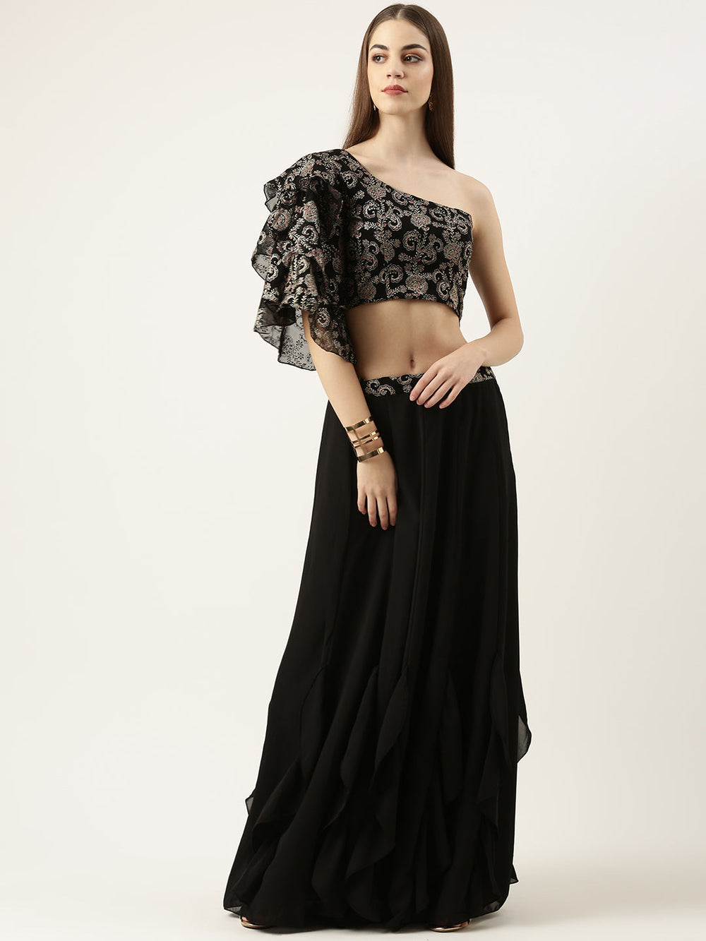 Black-Georgette-Foil-Printed-One-Shoulder-Neck-Skirt-Set