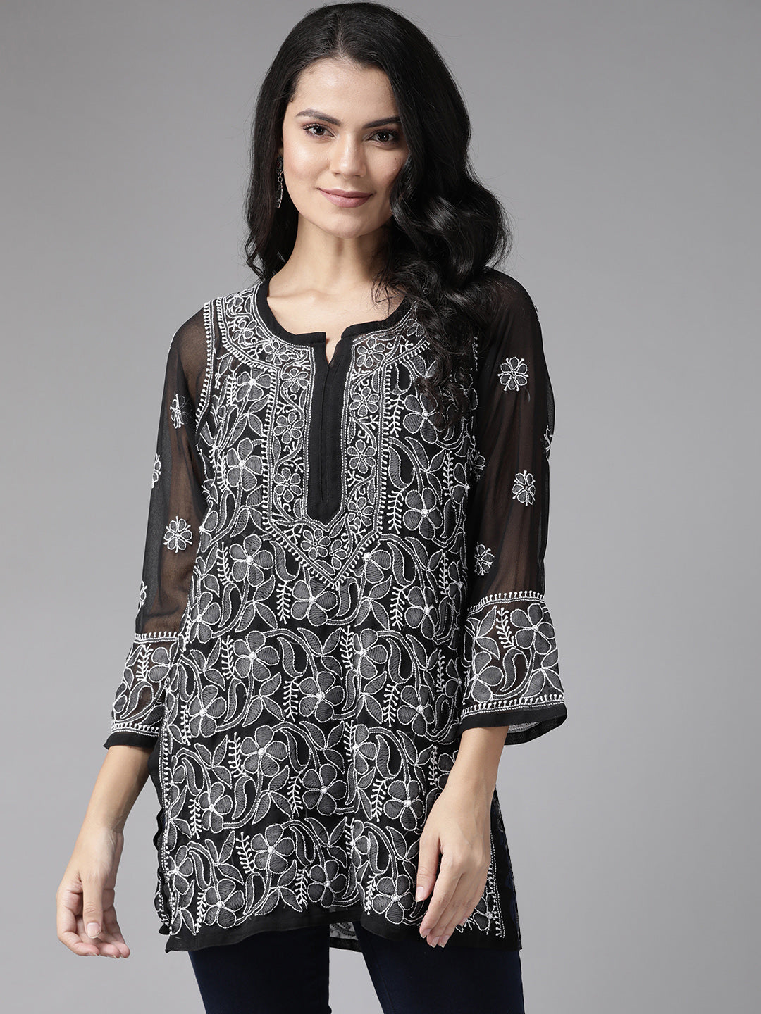 Black Georgette Lucknowi Chikankari Tunic Only