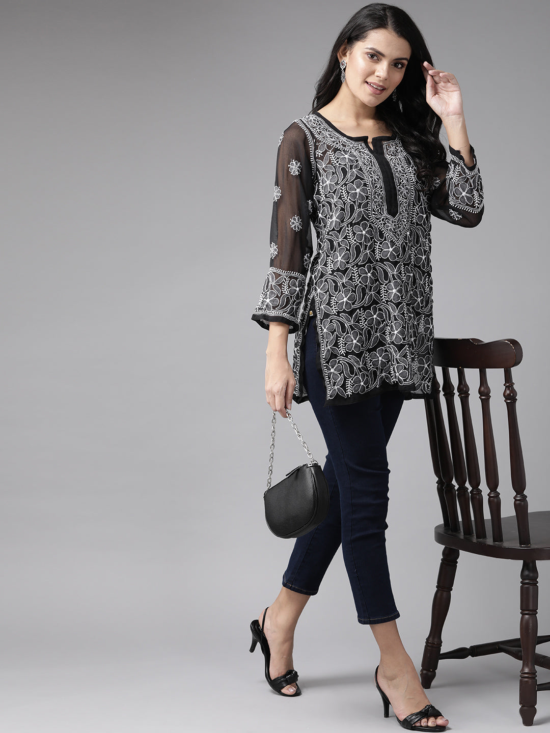 Black Georgette Lucknowi Chikankari Tunic Only