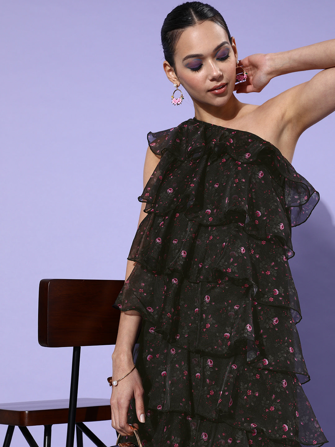 Black-Organza-Tiered-One-Shoulder-Dress