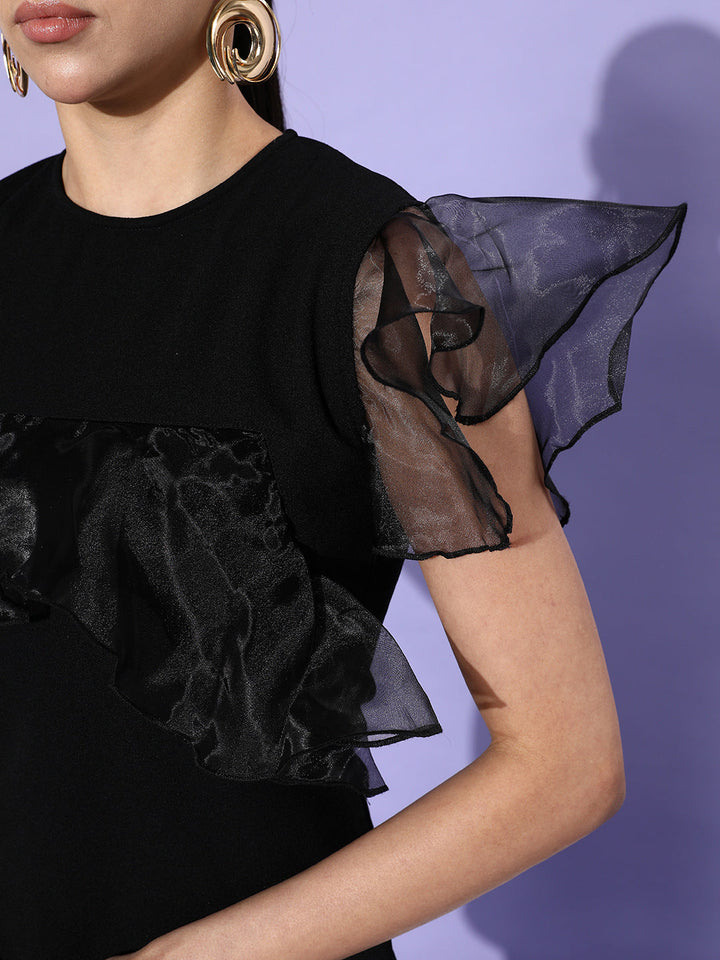 Black-Organza-&-Polyester-Lycra-Dress-With-Ruffles