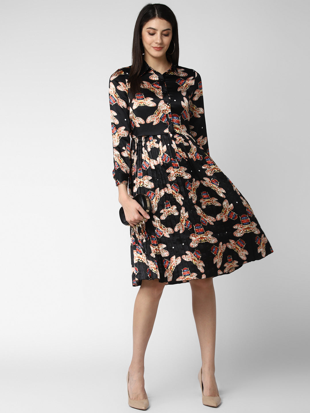 Black-Poly-Satin-Pleated-Dress