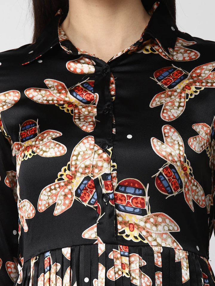 Black-Poly-Satin-Pleated-Dress