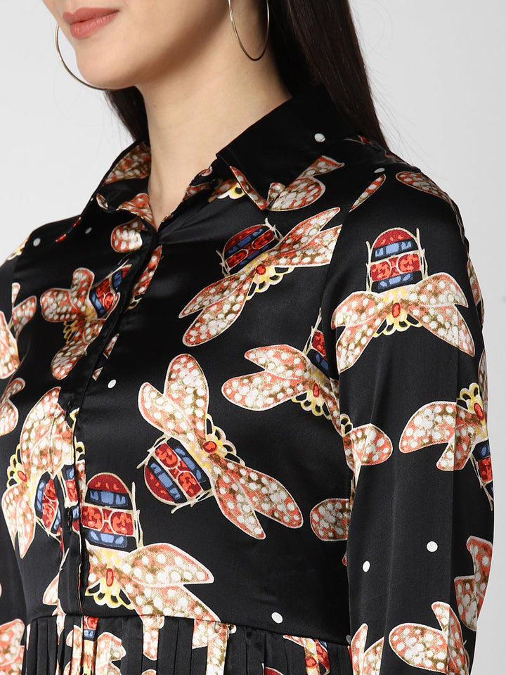 Black-Poly-Satin-Pleated-Dress