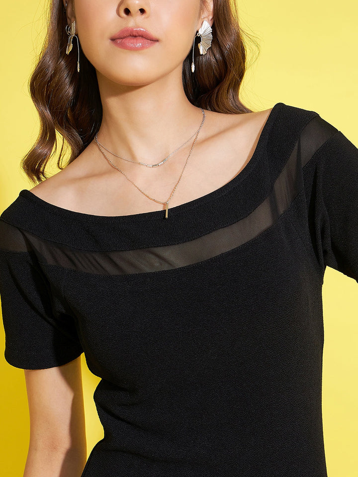 Black-Polyester-Boat-Neck-Dress-With-Net-Insert