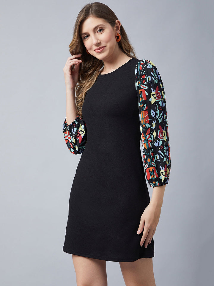 Black-Polyester-Dress-With-Printed-Balloon-Sleeves
