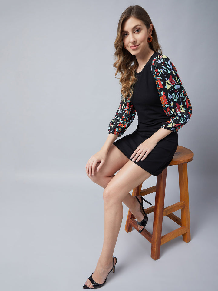 Black-Polyester-Dress-With-Printed-Balloon-Sleeves