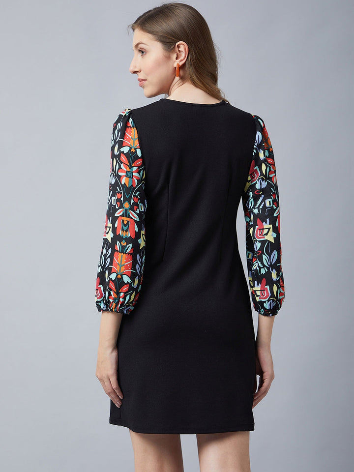 Black-Polyester-Dress-With-Printed-Balloon-Sleeves