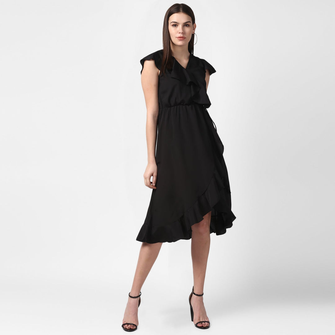 Black-Polyester-Front-Ruffle-Dress