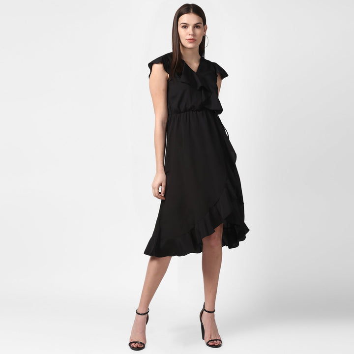 Black-Polyester-Front-Ruffle-Dress