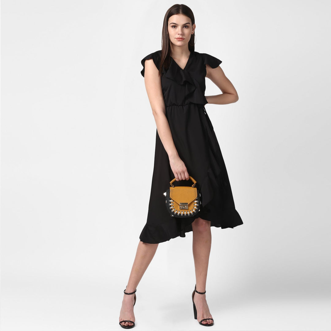 Black-Polyester-Front-Ruffle-Dress