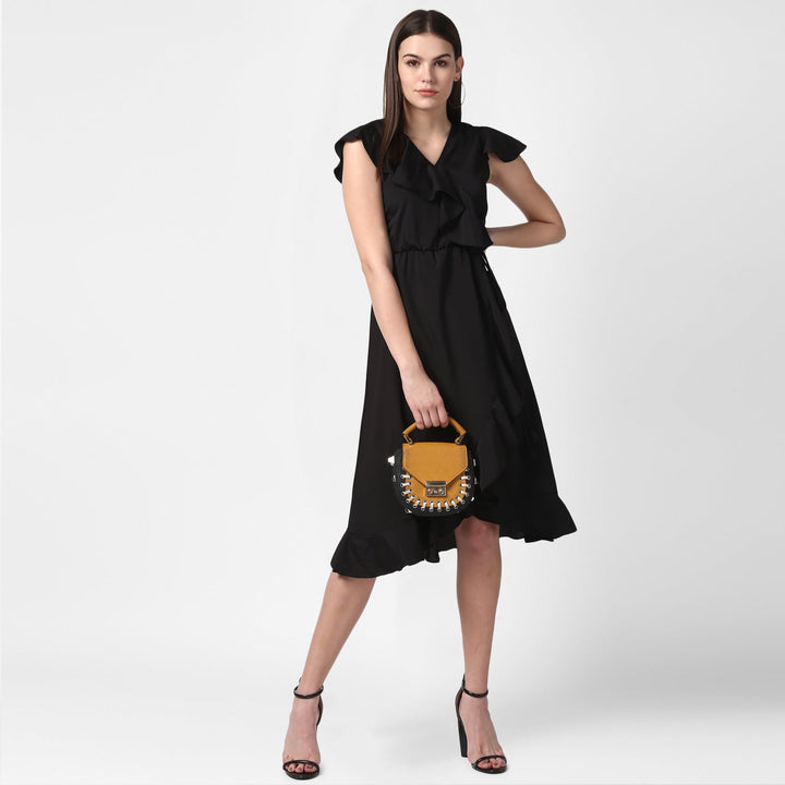 Black-Polyester-Front-Ruffle-Dress