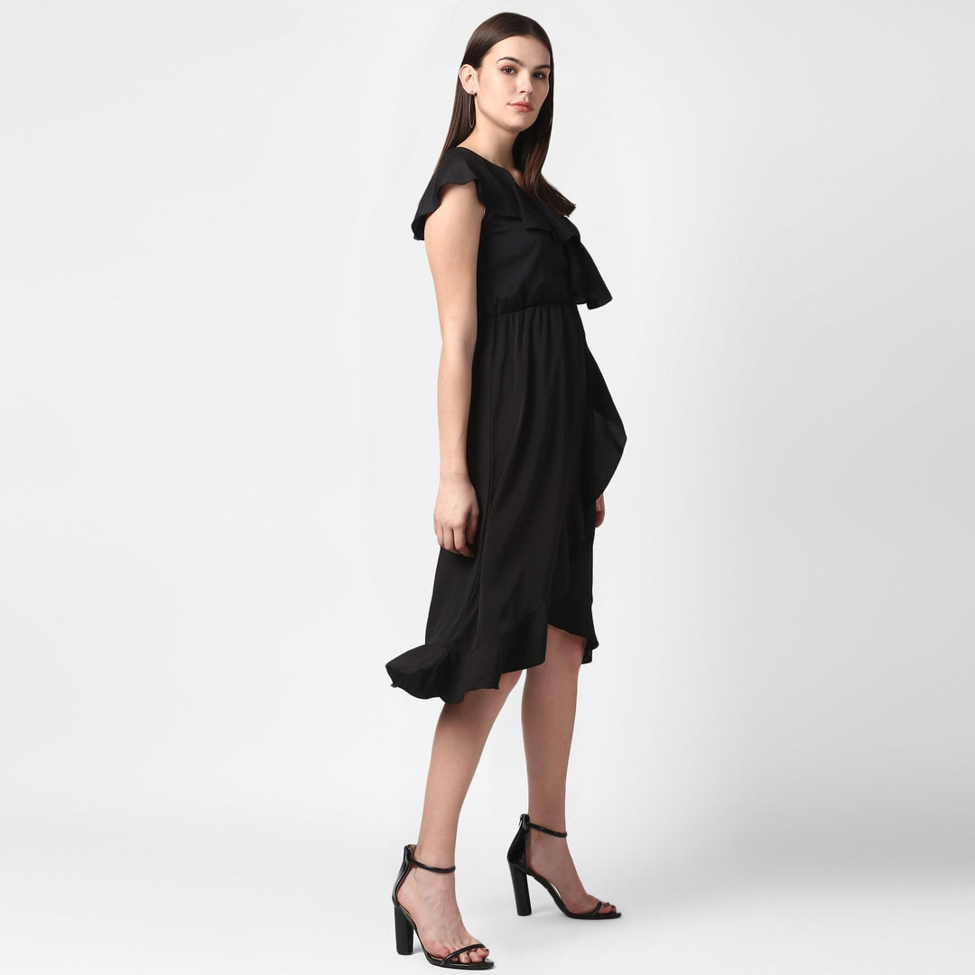 Black-Polyester-Front-Ruffle-Dress