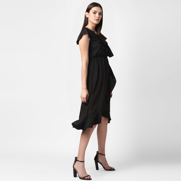 Black-Polyester-Front-Ruffle-Dress