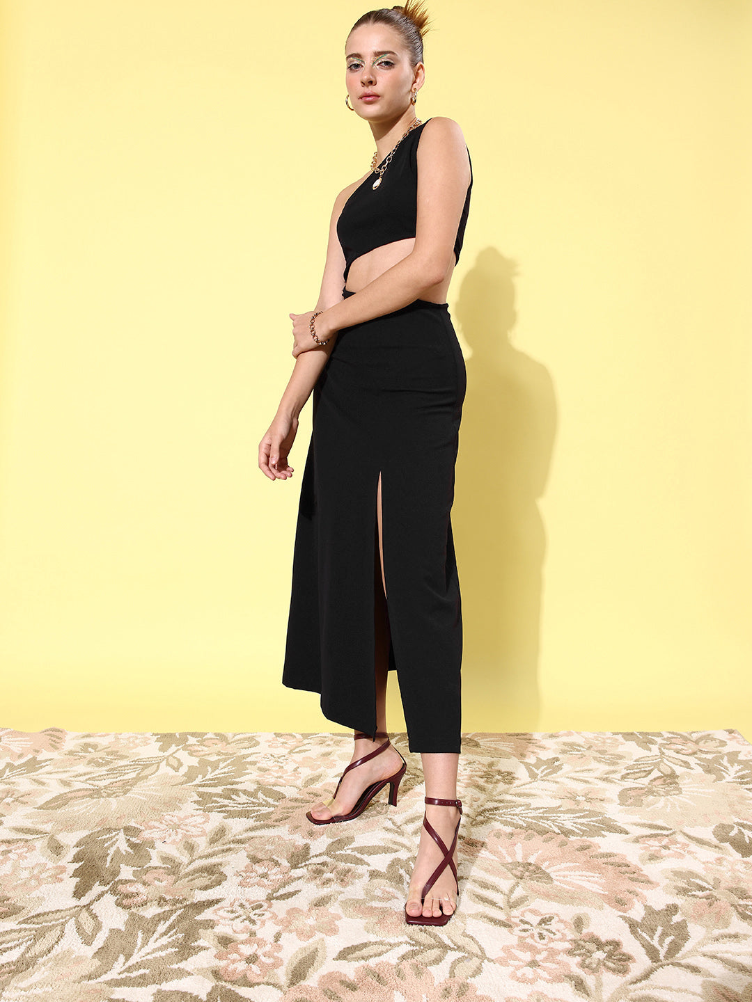 Black-Polyester-Lycra-Cut-Out-One-Shoulder-Maxi-Dress