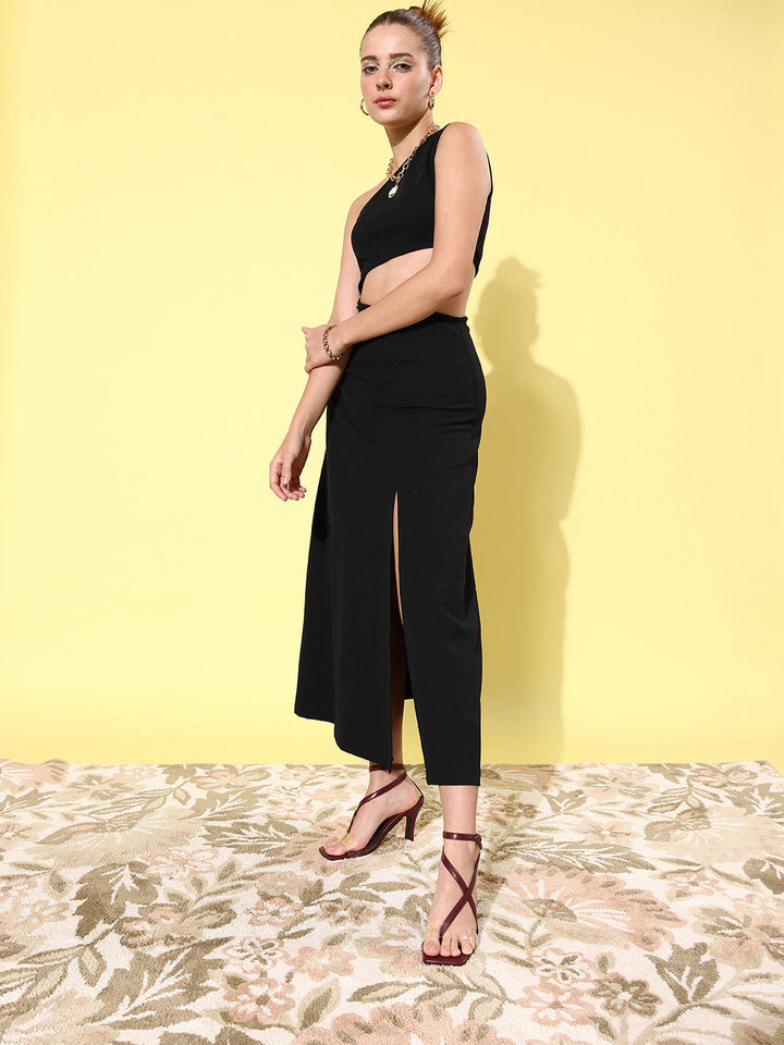 Black-Polyester-Lycra-Cut-Out-One-Shoulder-Maxi-Dress