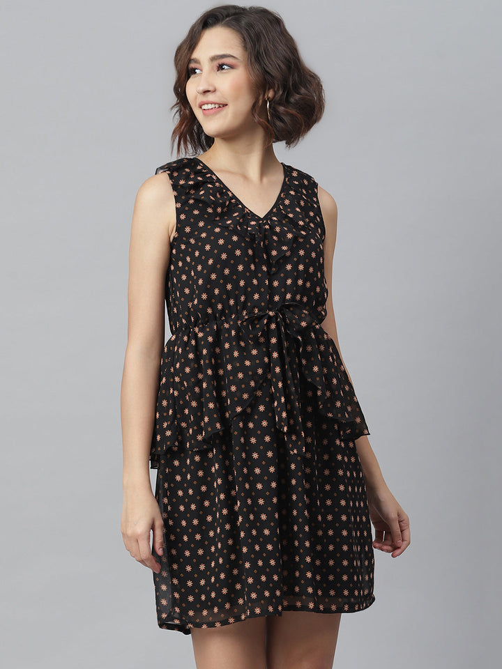 Black-Polyester-Printed-Peplum-Style-Dress