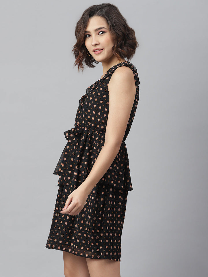 Black-Polyester-Printed-Peplum-Style-Dress