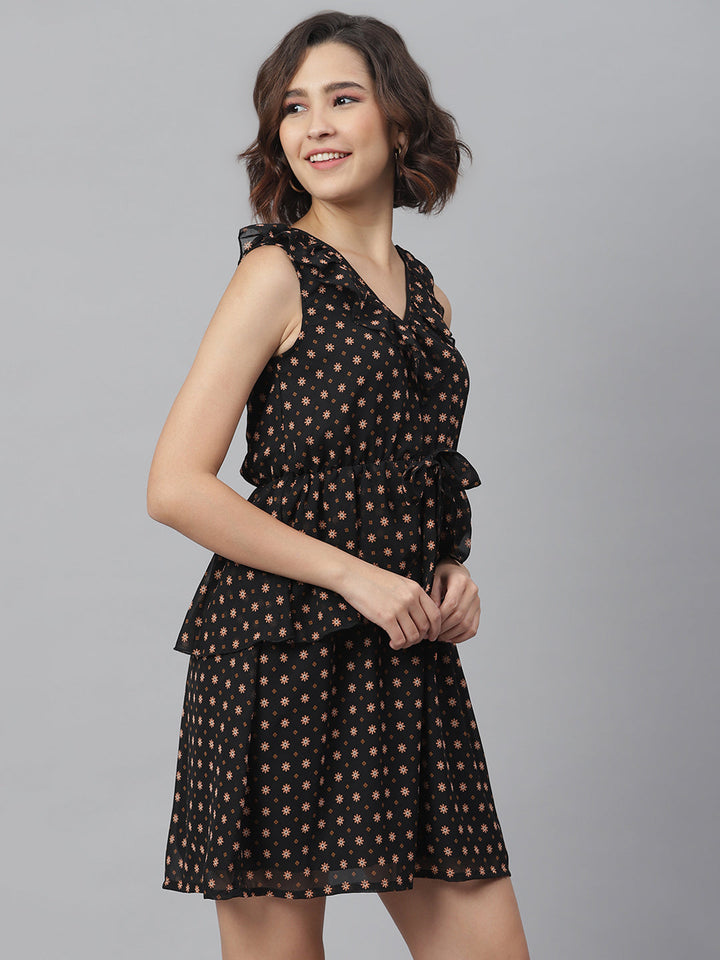 Black-Polyester-Printed-Peplum-Style-Dress
