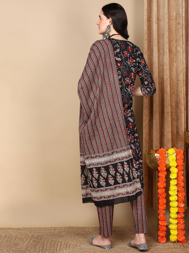 ZERESOUQ-Black-Rayon-Blend-Floral-Printed-3-Piece-Kurta-Set