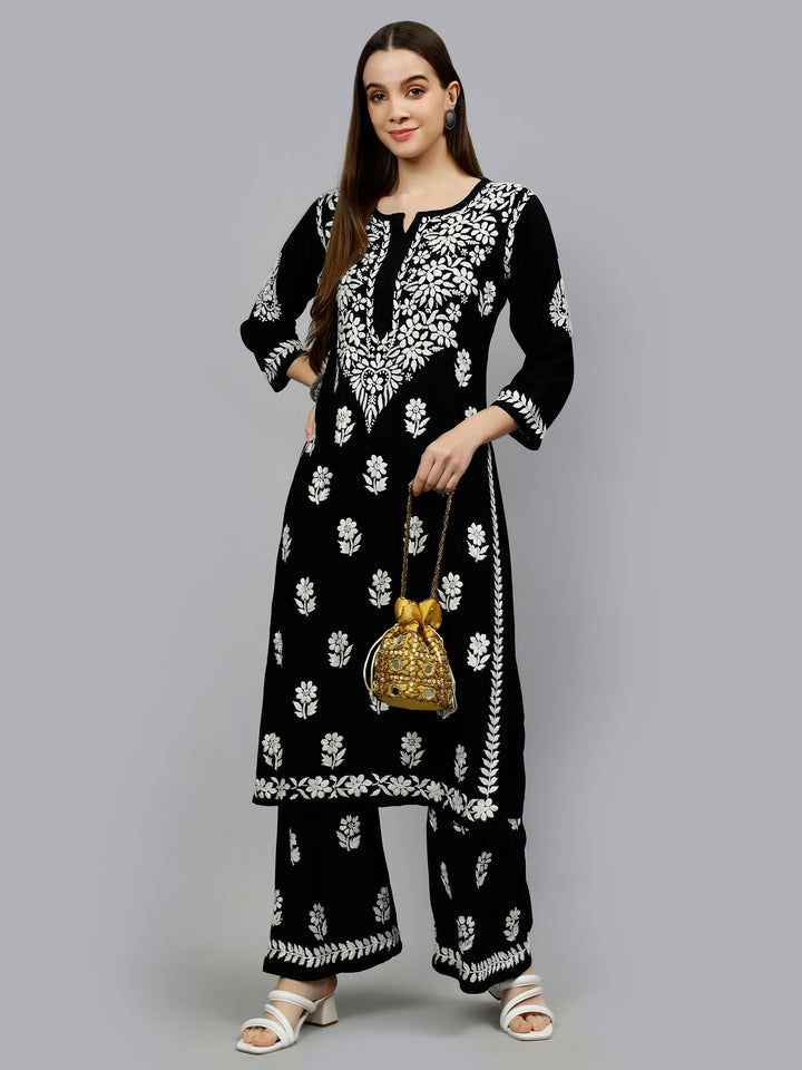 Black-Rayon-Embroidered-Chikankari-Kurta-&-Palazzo-Set