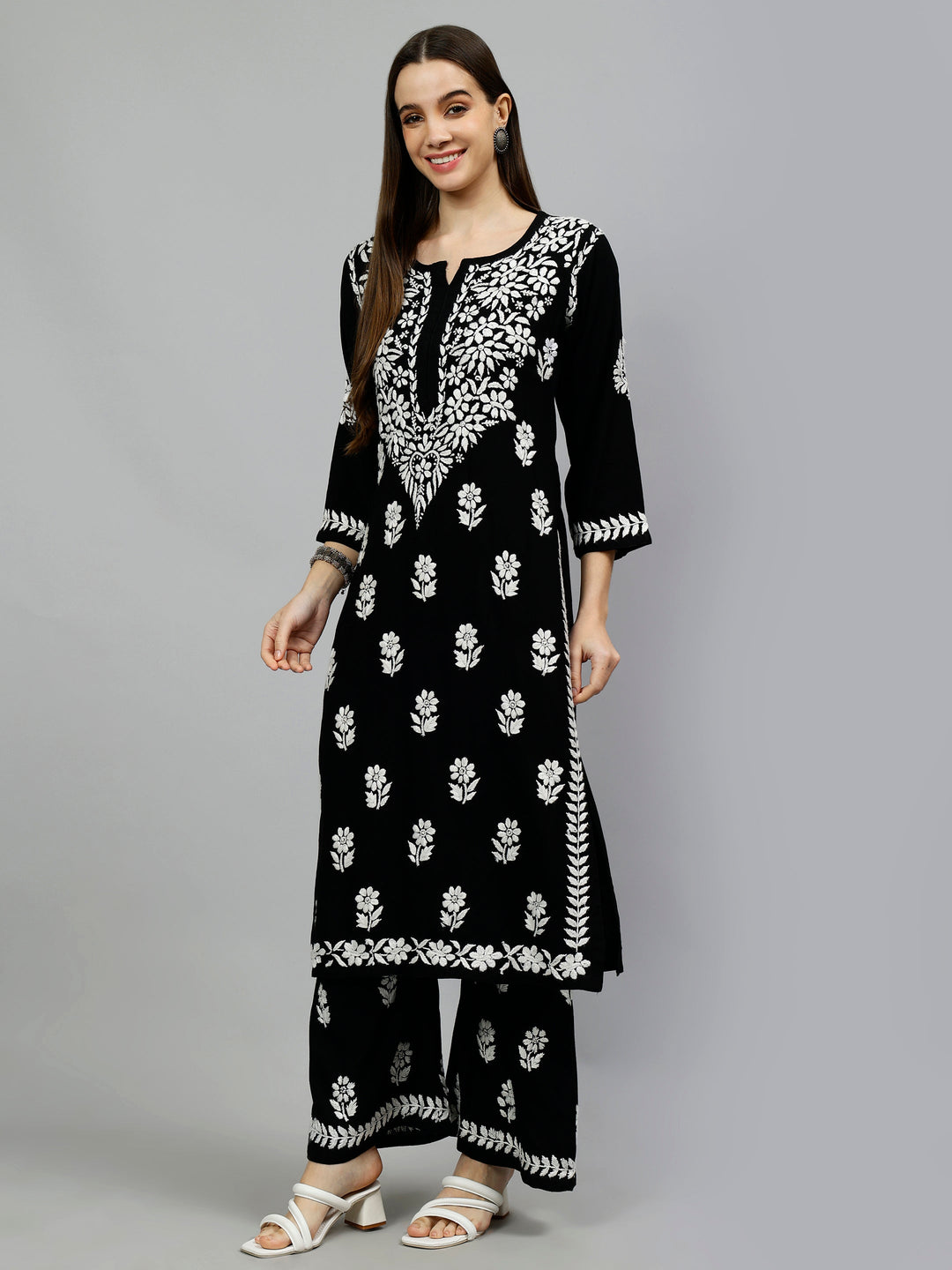 Black-Rayon-Embroidered-Chikankari-Kurta-&-Palazzo-Set