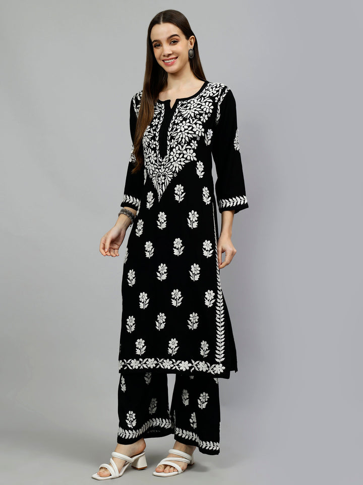 Black-Rayon-Embroidered-Chikankari-Kurta-&-Palazzo-Set