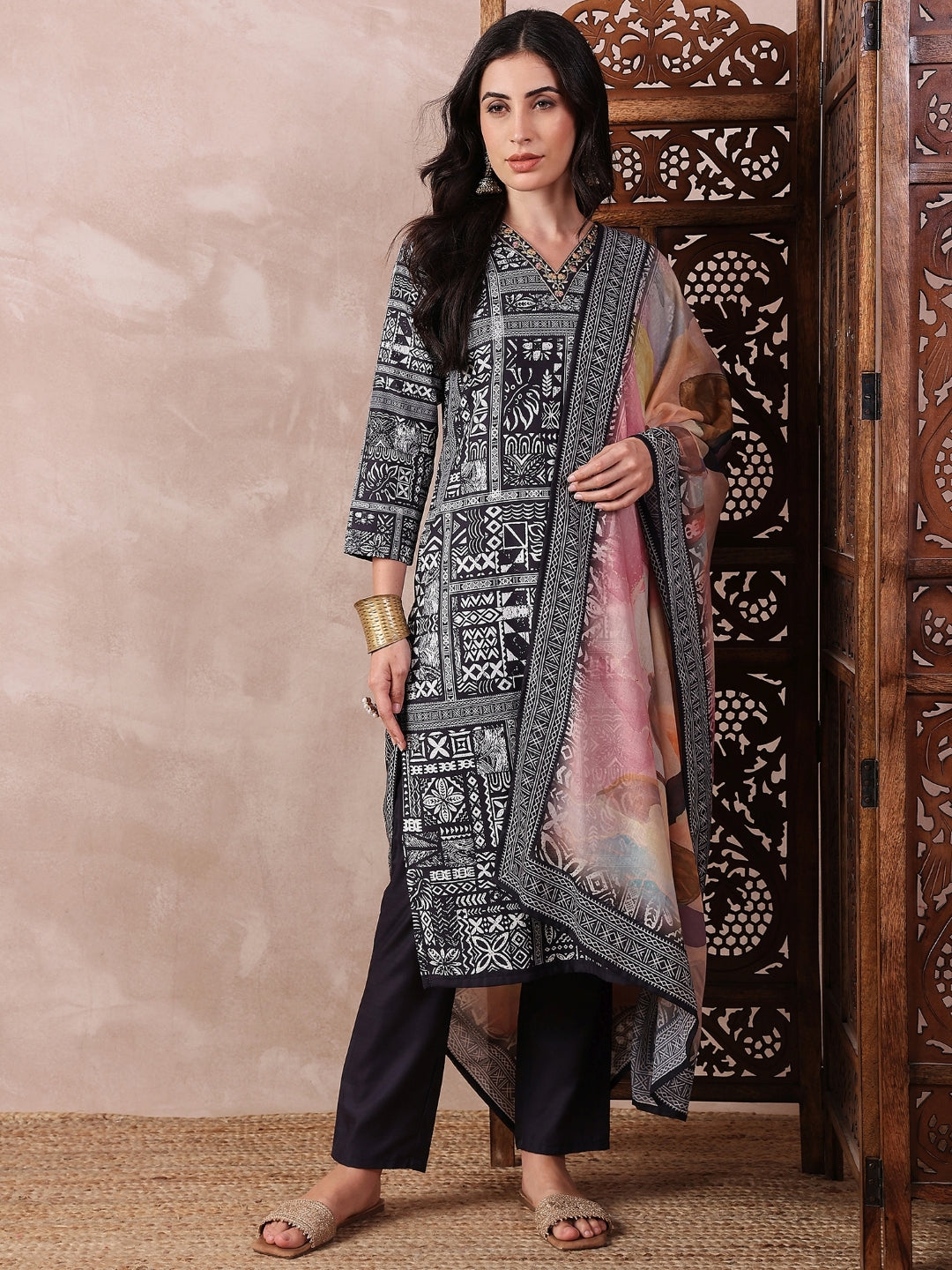 ZERESOUQ-Black-Silk-Blend-Geometric-Printed-3-Piece-Kurta-Set