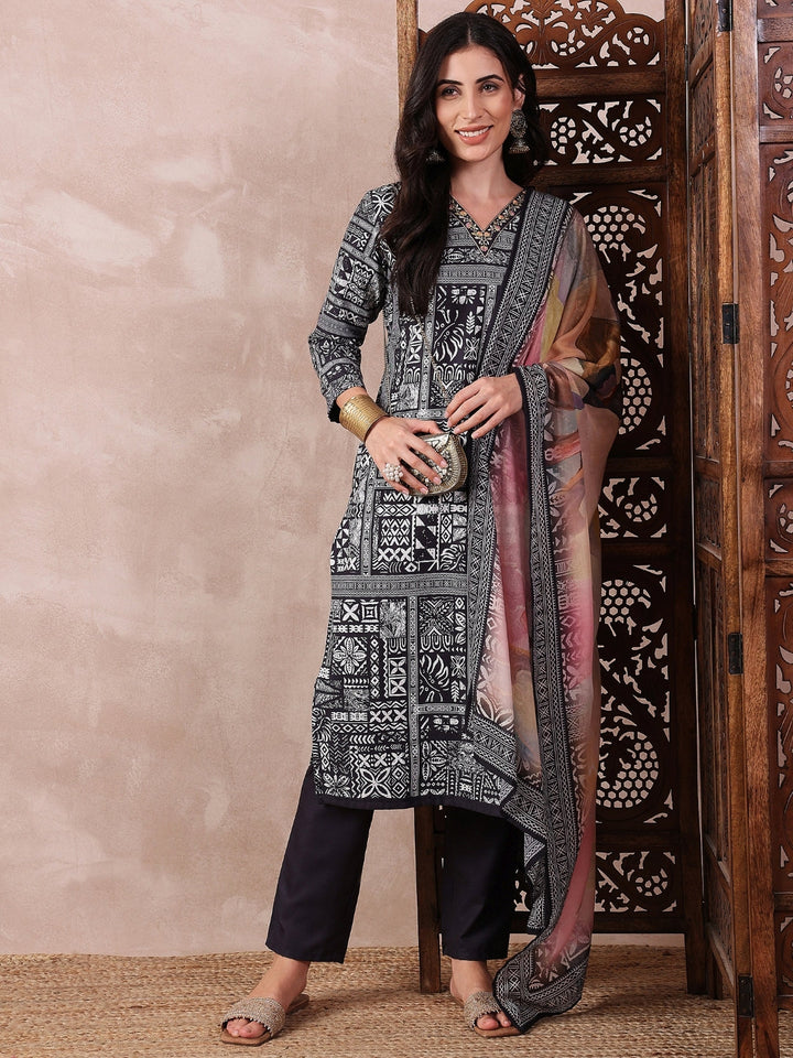 ZERESOUQ-Black-Silk-Blend-Geometric-Printed-3-Piece-Kurta-Set