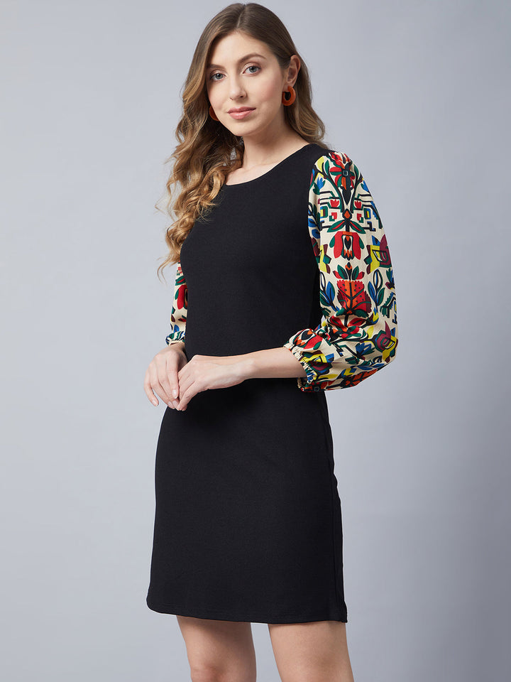 Black-&-Multi-Polyester-Dress-With-Printed-Balloon-Sleeves