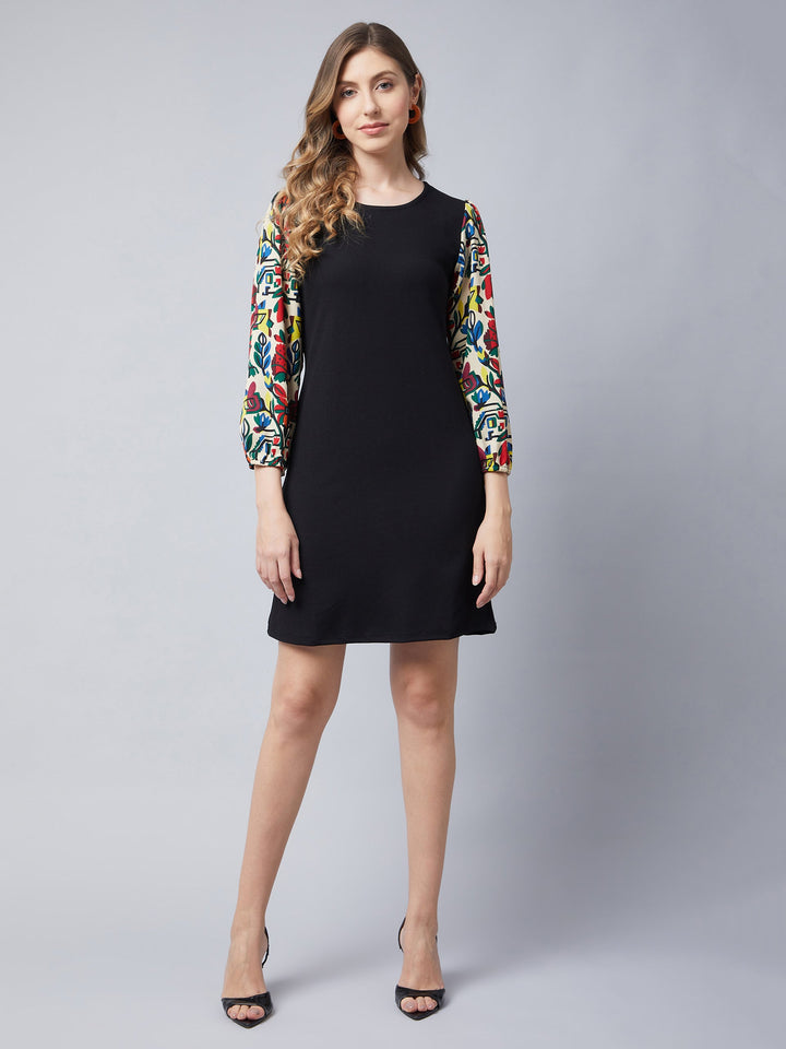 Black-&-Multi-Polyester-Dress-With-Printed-Balloon-Sleeves