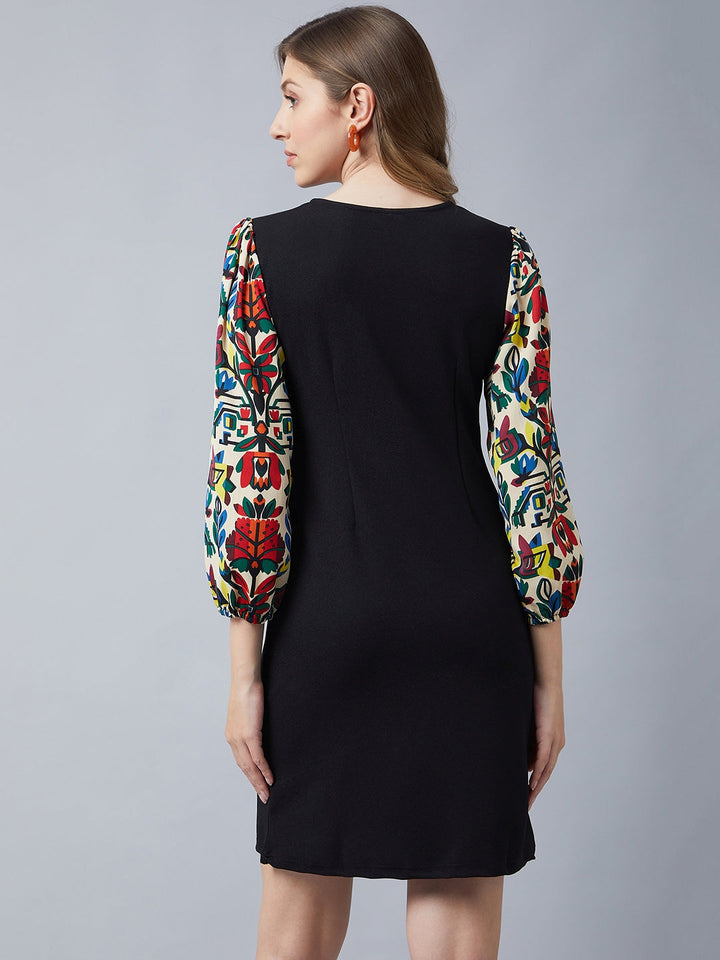 Black-&-Multi-Polyester-Dress-With-Printed-Balloon-Sleeves