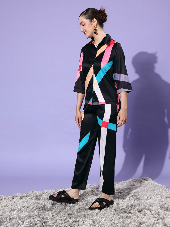 Black-&-Multicolor-Satin-Shirt-And-Trousers-Co-Ord-Set