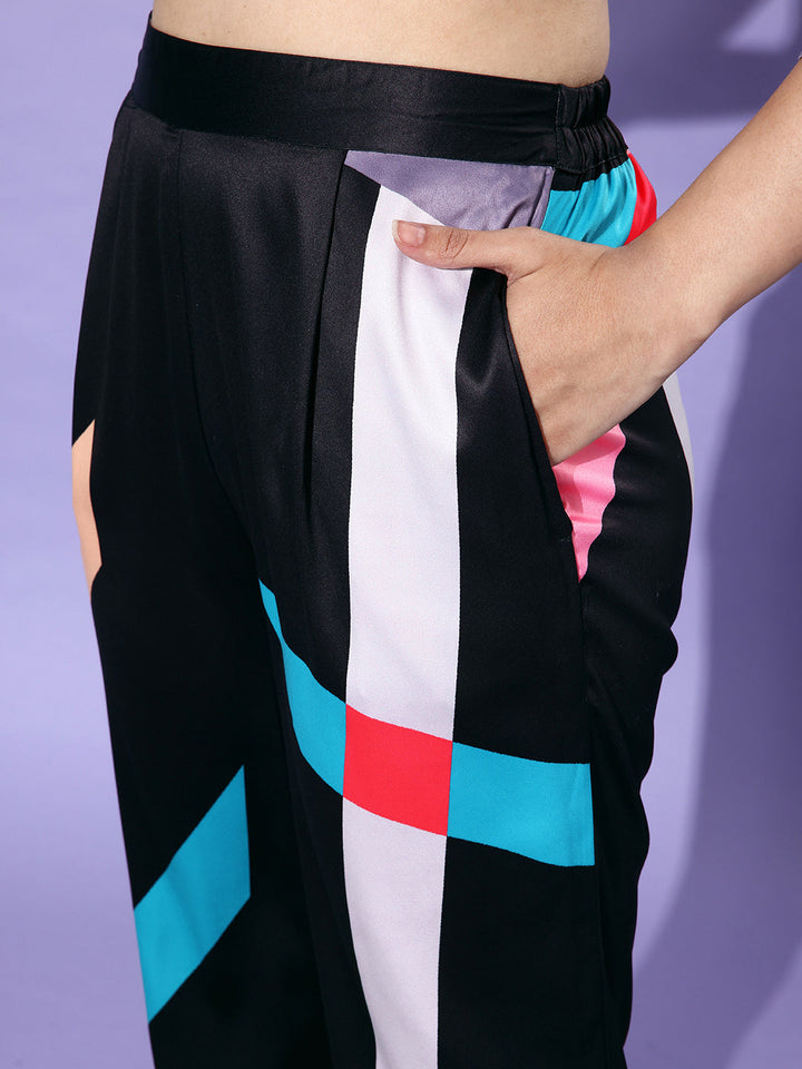 Black-&-Multicolor-Satin-Shirt-And-Trousers-Co-Ord-Set