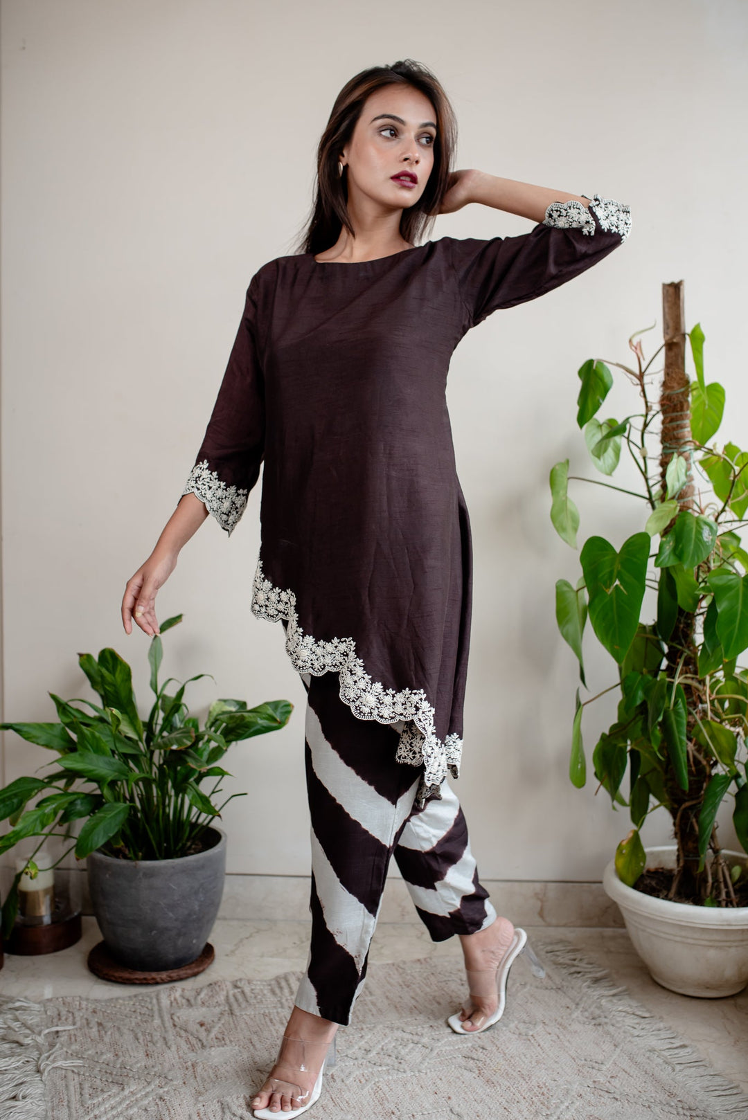 Black-&-Off-White-Silk-Scallop-Design-&-Tie-Dye-Co-Ord Set