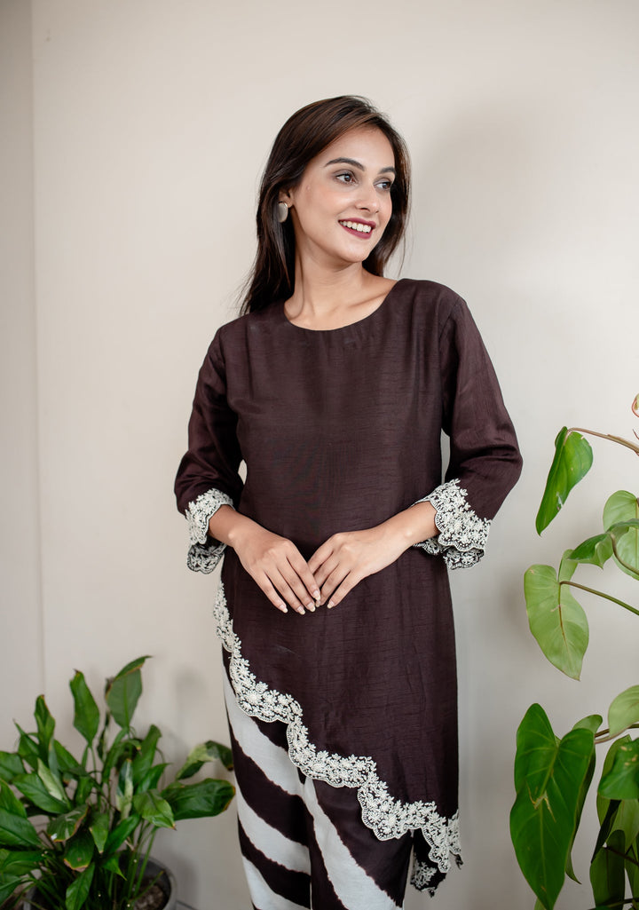 Black-&-Off-White-Silk-Scallop-Design-&-Tie-Dye-Co-Ord Set