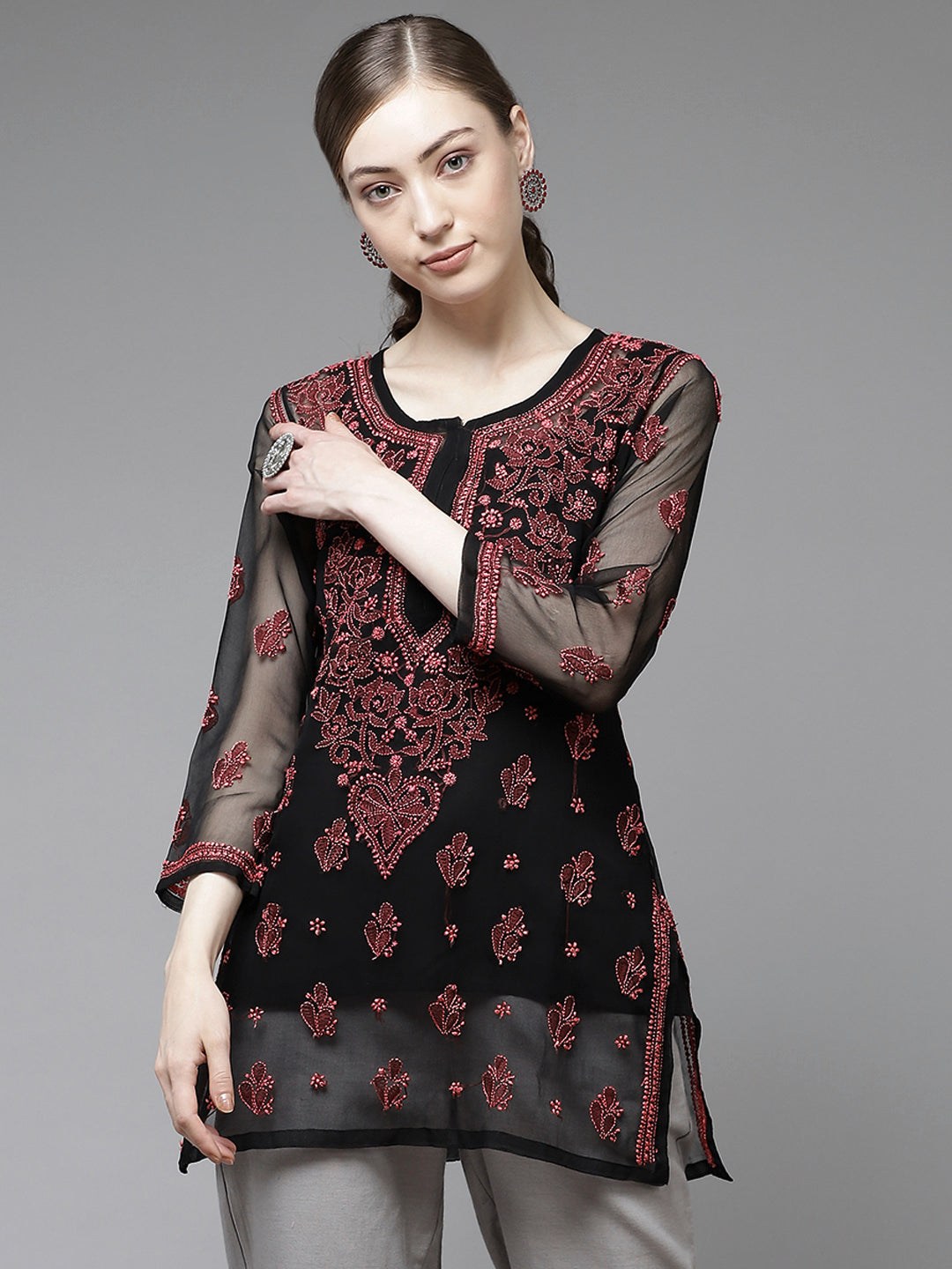 Black & Pink Georgette Chikankari Tunic With Slip