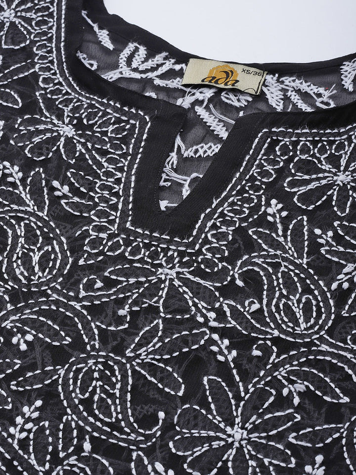 Black-&-White-Poly-Georgette-Embroidered-Chikankari-Kurti