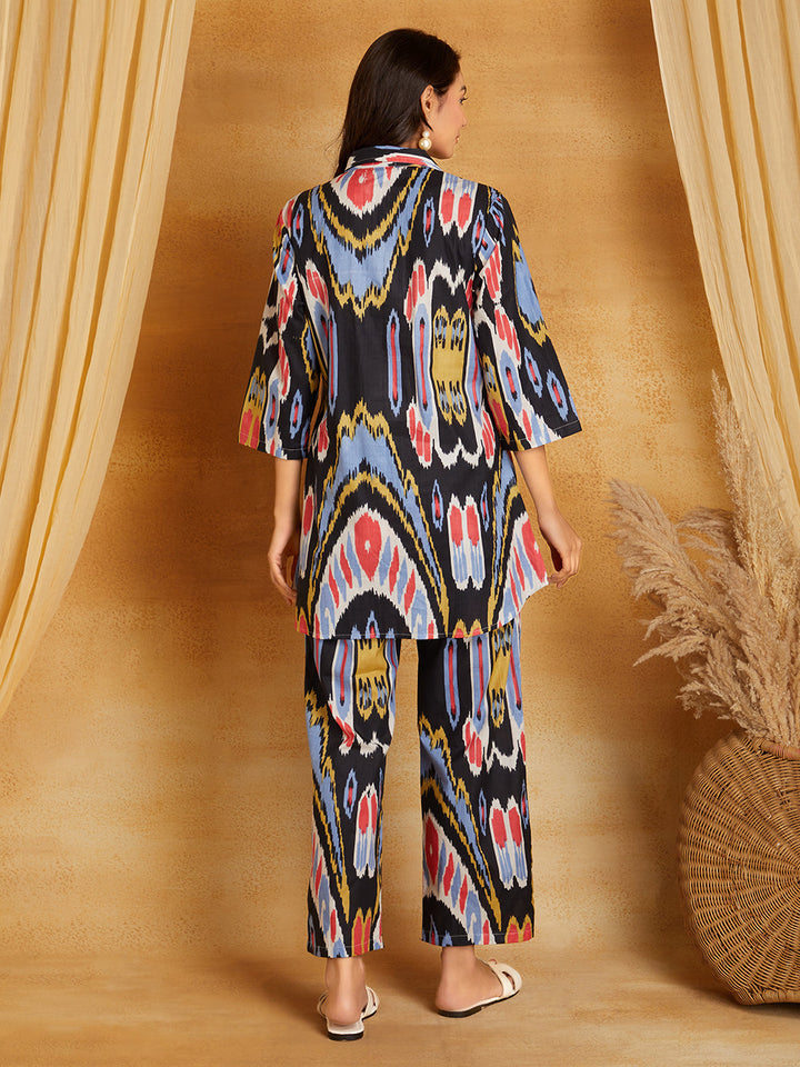 Black with Multicolored Ikkat Print Co-Ord Set (Set of 2)