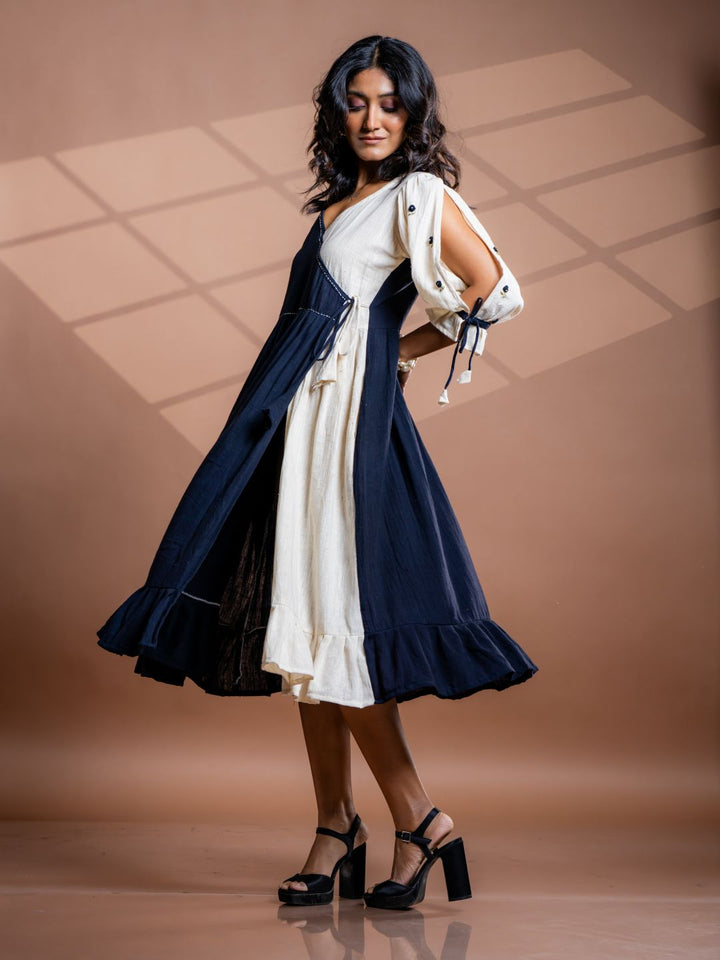 Black-Cotton-Flared-V-Neck-Midi-Dress