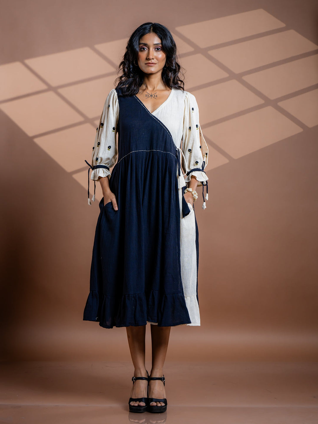 Black-Cotton-Flared-V-Neck-Midi-Dress