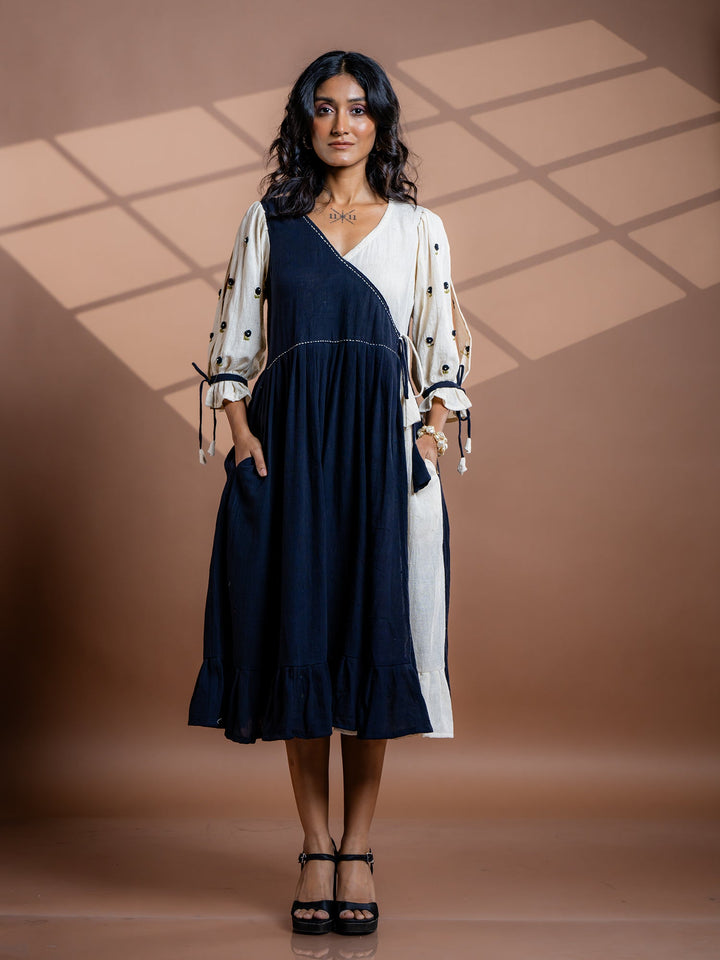 Black-Cotton-Flared-V-Neck-Midi-Dress
