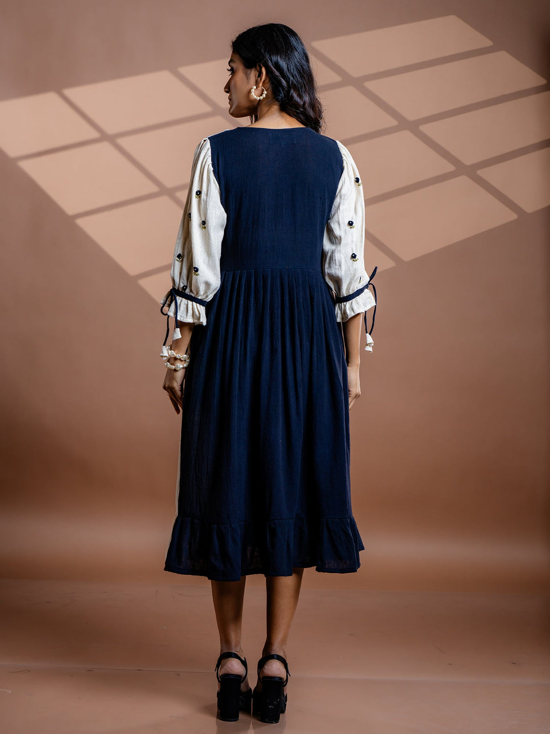 Black-Cotton-Flared-V-Neck-Midi-Dress