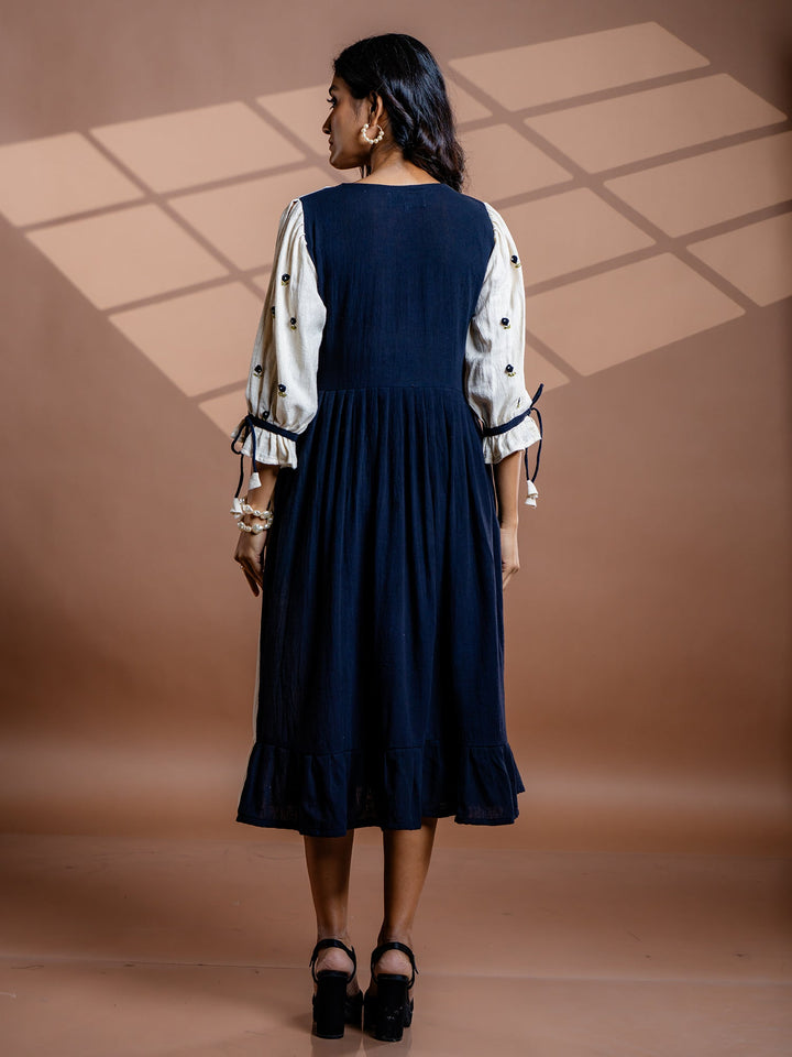 Black-Cotton-Flared-V-Neck-Midi-Dress