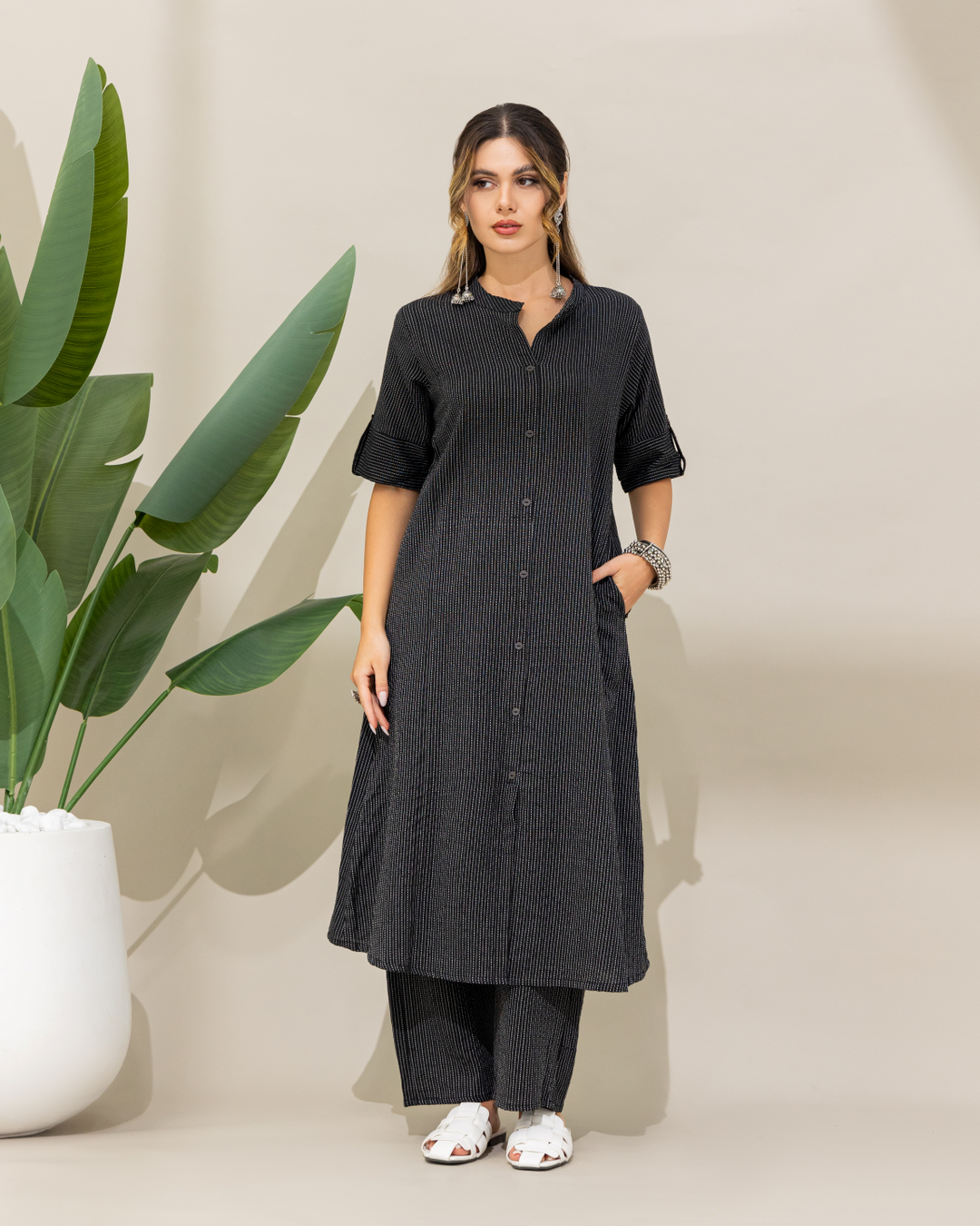 Black Cotton Kurta Pant Set