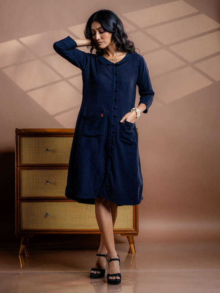 Black-Cotton-Shirt-Style-Midi-Dress